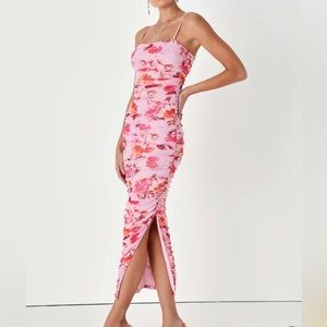 Lulu’s Stun and Only Pink Floral Print Ruched Mesh
Bodycon Midi Dress, M